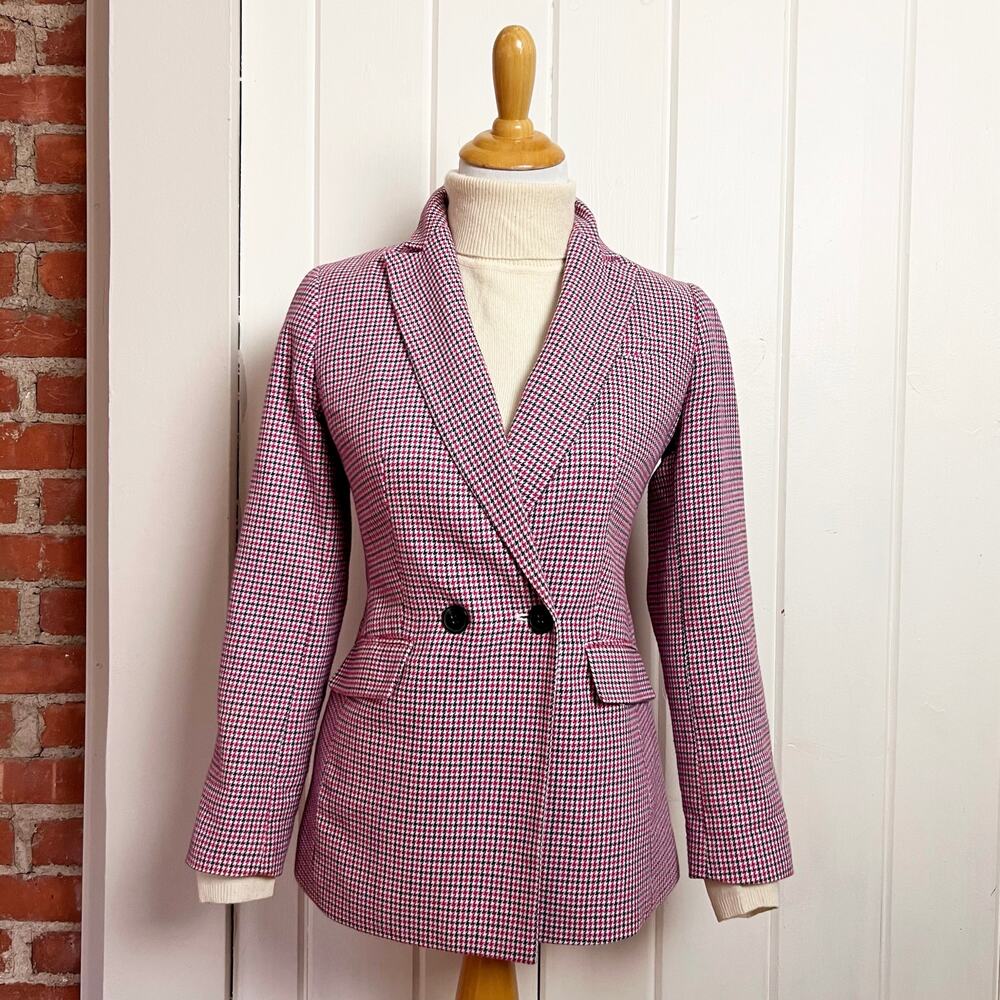 Talbots Double Breasted Pink Houndstooth Blazer 2P Plaid Jacket